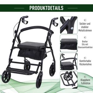 HOMCOM rollator met stoel inklapbare rollator met rem tas in hoogte verstelbaar