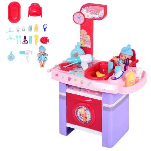 HOMCOM 2-Set Kinderschminktisch Frisiertisch Frisierkommode mit Hocker Musik Licht Mädchen Kosmetik Spiegel Infrarotsensor Rosa+Weiß 44x28x67 cm