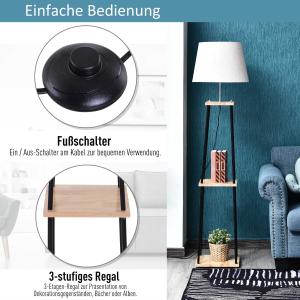 Lampstatief met 3 planken, rubberhout, linnen, metaal, naturel, zwart