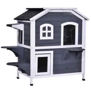kattenhuis voor buiten kattenhut met 2 verdiepingen kattenvilla, asfaltdak, massief hout grijs