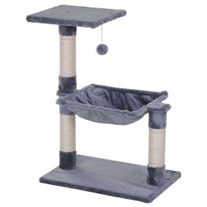 PawHut Kattenboom 3 verdiepingen krabpaal kattenbed met hangmat sisal paal pluche grijs