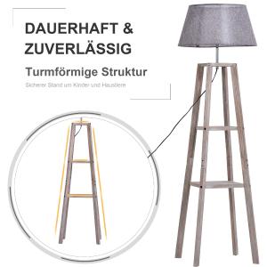 HOMCOM Staande lamp met schappen, Scandinavische schemerlamp, lamp, linnen, grenen hout, natuurlijk, grijs, 45 x 45 x 148 cm schappen vloerlamp lamp grenen naturel grijs | Aosom.de