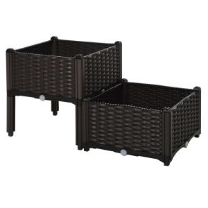 Outsunny verhoogd bed, 2-delige plantenbak met afwateringsgaten, bloembak in rotan-look, PP, bruin