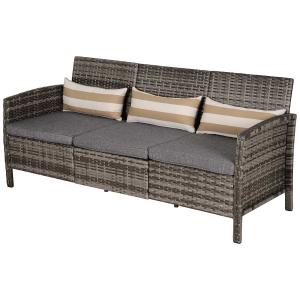 Outsunny rotan bank met kussens, driezits loungebank, staal, grijs, 173 x 68 x 78 cm Outdoor loungebank kussen driezits staalgrijs | Aosom.de