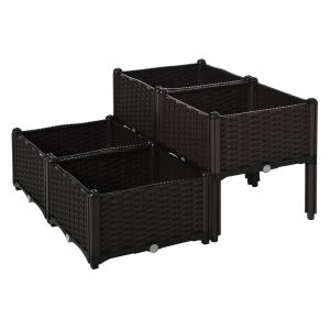 Outsunny verhoogd bed, 4-delige plantenbak met afwateringsgaten, plantenkasst in rotan-look, PP, bruin
