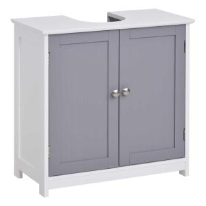 kleankin 60x60cm Under-Sink Storage Cabinet w/ Adjustable Shelf Handles Drain Hole Bathroom Cabinet Space Saver Organizer White and Grey