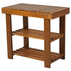 HOMCOM 3-Tier Shoe Rack Stool, Acacia Wood-Teak Colour