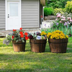Outsunny 3PCs Wooden Raised Barrels Bucket Planter with Handle Flower Pot Leaking Hole