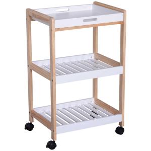HOMCOM Mobile Kitchen Trolley Cart Bamboo Storage Shelves Rolling Wheels White