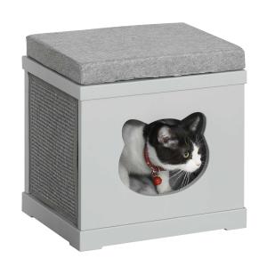 PawHut Wooden Cat House for Small Cat w/ Removable Scratching Pad and Soft Cushion