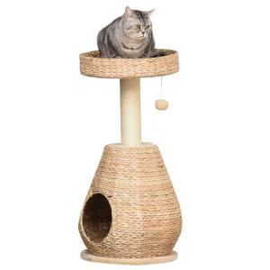 PawHut kattenboom krabpaal met kattengrot sisal hoogte 82,5 cm zacht pluche geel