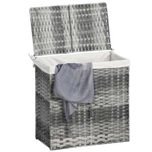 Poly-rotan wasmand wasbox met deksel waszak handgrepen grijs