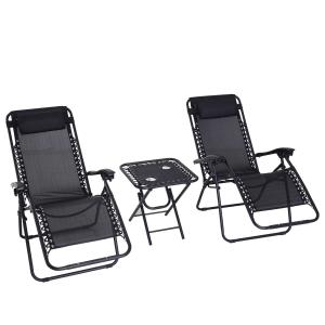 Outsunny 3pcs Reclining Folding Garden Zero Gravity Chairs Sun Lounger Set with Table Cup Holders Yard Pool