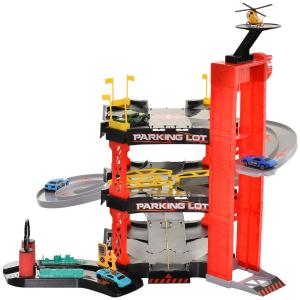 HOMCOM Rennbahn Kinder Autorennbahn Parkgarage für Spielzeugautos Dreistufig großes 55-Teilig Spielset mit Hubschrauber Rot+Schwarz 62x52x51 cm