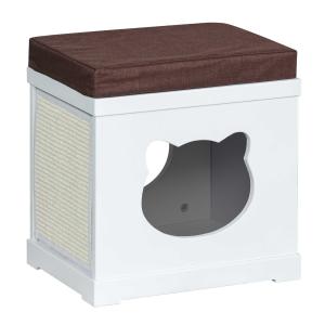 PawHut Wooden Cat House for Small Cat w/ Removable Scratching Pad and Soft Cushion