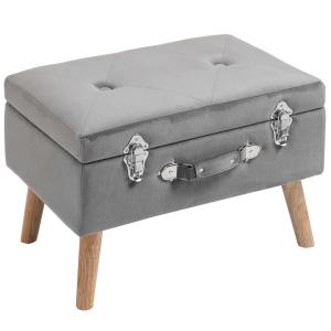 HOMCOM Faux Velvet Upholstered Ottoman Trunk w/ Wooden Legs Grey