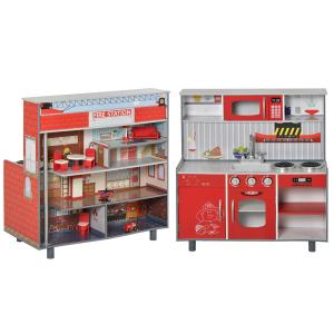 HOMCOM Kids Pretend Play MDF Kitchen Set Red