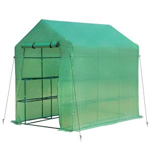 Outsunny Walk-in Garden Greenhouse with Shelves Polytunnel Steeple Green house Grow House Removable Cover 214x143x195cm