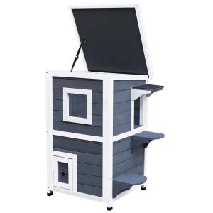 PawHut® Katzenhaus 2 Etagen Katzenvilla mit Treppen Asphaltdach Fenster Tannenholz Grau 51 x 51 x 81,3 cm