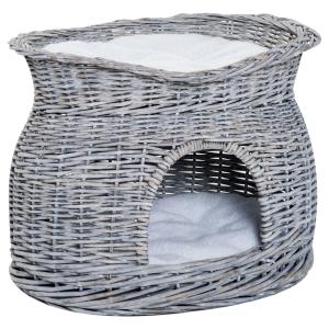 PawHut kattenbed kattengrot kattenmand met 2 kussens wilgentenen mand met ligvlak erboven grijs