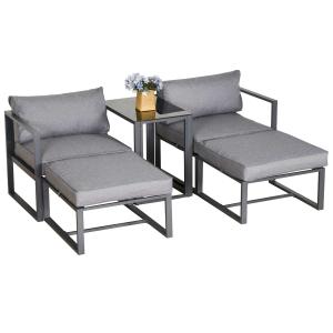 Outsunny 5 Piece Garden Conversation Set Sun Lounger 2 Footstools End Table with Cushions