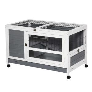 PawHut Wooden Rabbit Hutch Elevated Pet Bunny House with Slide-Out Tray Indoor Grey