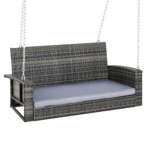 Outsunny 2 Seater Patio Rattan Swing Chair Hanging Chair Garden Loveseat Bench w/ Cushion