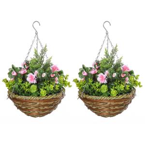 Outsunny Small Artificial Plants, Hanging, Pack of 2 Artificial Lisianthus Flowers, with Basket for Indoor Outdoor Decoration