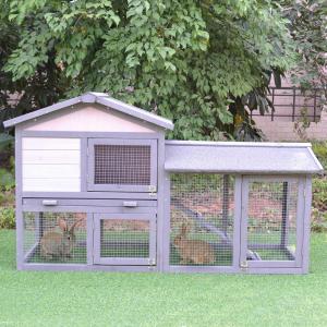 PawHut® Hasenstall Hasenkäfig Hühnerstall mit Freilauf Tannenholz Grau 147 x 54 x 84 cm