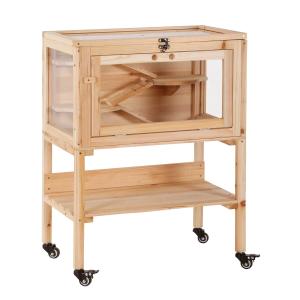 Hamsterkooi van hout kooi voor kleine huisdieren op wielen kooi muizenkooi plexiglas naturel