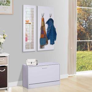 HOMCOM® 3-teiliges Garderoben-Set Flurgaderobe mit Schuhschrank Garderobe Wandspiegel 4 Haken Weiß 30 x 100 cm