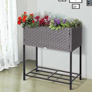 Outsunny Poly Rattan Hochbeet Blumenkasten mit Füßen Blumentopf mit Ablage Braun 70 x 30 x 72 cm