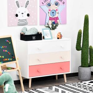 HOMCOM® Kinderzimmer Schrank 3 Schubladen Kinderschrank Kommode Aufbewahrung MDF Rosa