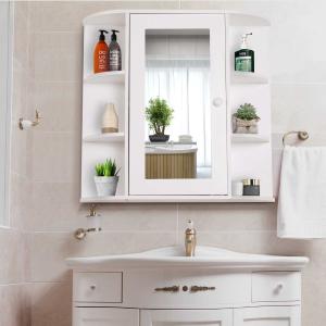 HOMCOM® Spiegelschrank Badezimmerregal Badeschrank Wandmontage 8 Fächer MDF Weiß 66 x 17 x 63 cm