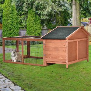 PawHut® Kaninchenstall Hasenkäfig Hasenstall mit Laufstall Asphaltdach Massivholz Natur