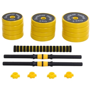 HOMCOM 25 kg halter & halter met lange stang, verstelbare ergonomische 3-in-1 halterset, 12 × schijven, 2 × korte stangen, 1 × lange stang, geel + zwart