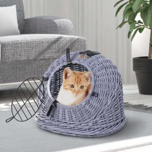 PawHut® Domek dla Kota Łóżko Koszyk z Poduszką Transporter Wiklina Szary