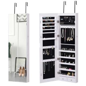 Szafka na biżuterię Szafka z lustrem Szafka ścienna z LED mocowanie do ściany/drzwi MDF biały 37 x 120 x 10 cm HOMCOM