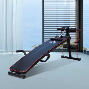 HOMCOM® ŁAWKA SIT UP DO ĆWICZEŃ MIĘŚNI BRZUCHA TAŚMA OPOROWA TRENINGOWA stal + PCV czarny + czerwony 56,5 x 135 x (50–68) cm
