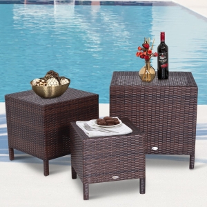 Stolik Outsunny zestaw 3 stolików kawowych stolik ogrodowy komplet stolików stół balkonowy technorattan brązowy 40x40x40 / 50x50x50 / 60x60x60 cm