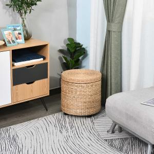 HOMCOM Stołek ze schowkiem, Pufa, Taboret, Podnóżek, Pojemnik, zdejmowana pokrywa, słoma rattan, khaki, Ø 43 x 43 cm