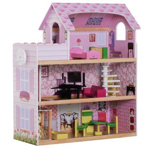 HOMCOM DOMEK DLA LALEK 3 POZIOMY Z MEBLAMI