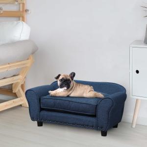 PawHut kanapa dla psa sofa dla zwierząt domowych kanapa dla psa, legowisko dla psa, mata dla psa, kanapa dla kota, naturalne drewno + len, granatowa, 74 x 41 x 32,5 cm