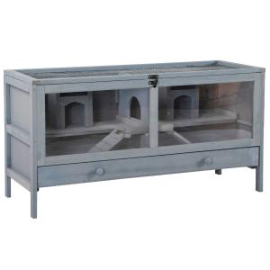 PawHut Hamsterkäfig Nagerkäfig Mäusekäfig mit Rampe Nagervilla Massivholz Grau