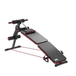 Ławka do brzuszków HOMCOM trenażer brzucha z linkami treningowymi ławka treningowa wielofunkcyjna regulowana i składana maksymalne obciążenie 110 kg stal kolor czarny + czerwony 47x142x50-66 cm