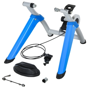 Trenażer rowerowy HOMCOM rower treningowy z 8-stopniową regulacją oporu hamulec magnetyczny do kół 650C, 700C/26"-29" stalowy kolor niebieski 77 x 56 x 47,5 cm