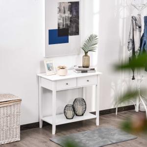 Homcom® Stolik Konsola z 2 Szufladami Kredens Przedpokój Lite Drewno Biały