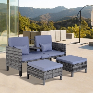 Outsunny 3-częściowy Sofa ogrodowa meble ogrodowe sofa zestaw ogrodowy komplet stolik z krzesłami meble rattanowe szare rattan polietylenowy + metal sofa podwójna 2 stołki poduszki