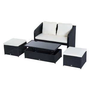 Outsunny® 4-ELEMENTOWY ZESTAW MEBLI OGRODOWYCH Z PODUSZKAMI polirattan czarny 1 x SOFA DWUOSOBOWA 1 X STOLIK 2 x STOŁEK