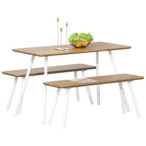 HOMCOM Eetgroep met 2 banken Scandinavische stijl eetkamerset naturel + wit